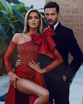 Red Sexy Long Glitter Prom Evening Dresses With Sleeves